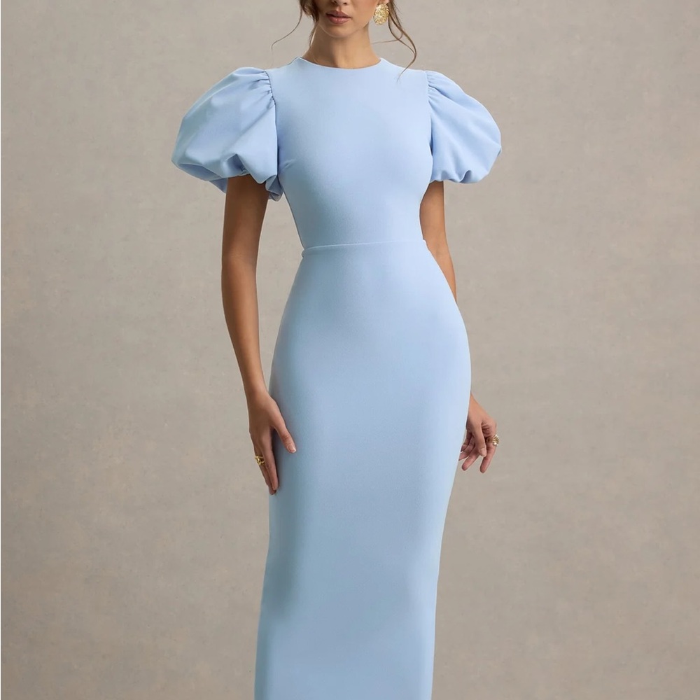 Club L London Blue Sheath Dress with Puff Sleeves